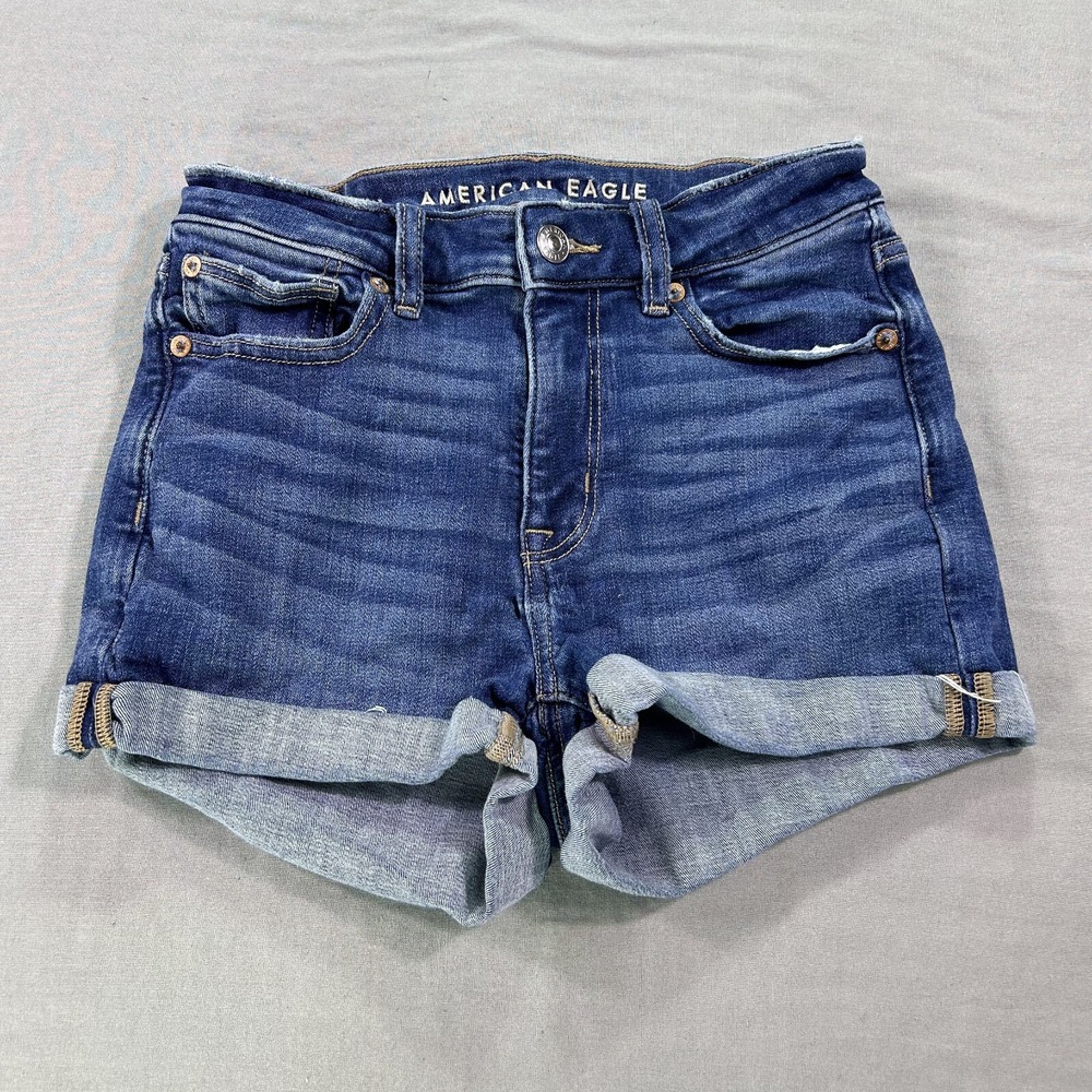 American Eagle Shorts Women 0 Blue Distressed Hi V-Rise Shortie Denim Jean Jorts